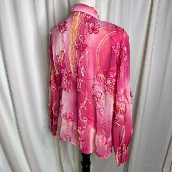 Sea Suns Vintage Floral Blouse Pink Sheer Ruffled Button Up Women's Medium 90s - Picture 12 of 12